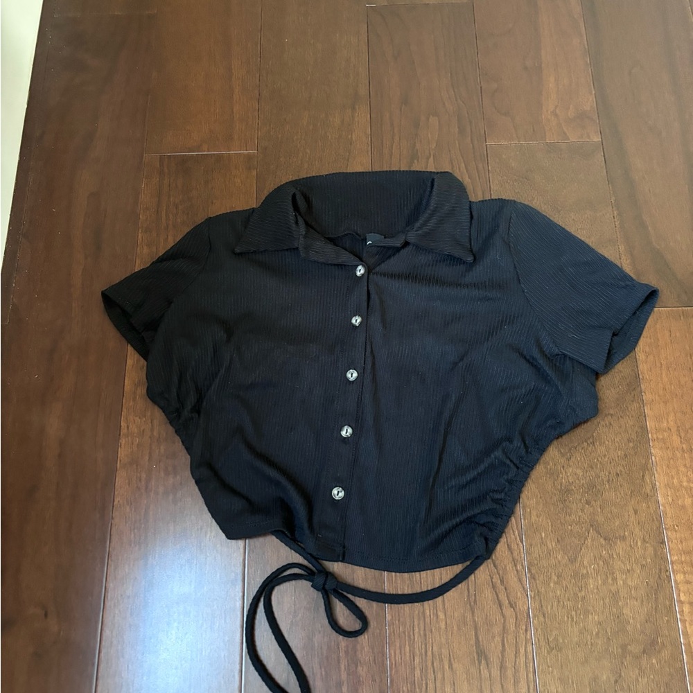 Windsor Black Crop Button Down Shirt with Notched Collar